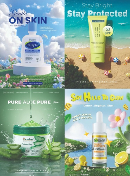 A collection of four individual product creative concepts featuring clean, bright, and nature-inspired aesthetics for various skin care items.